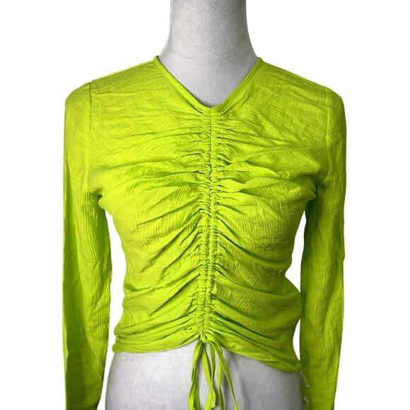 Topshop Long Sleeve Blouse Crew Neck Drawstring Tie Ruched Green Women's 2 NWOT - Picture 3 of 9